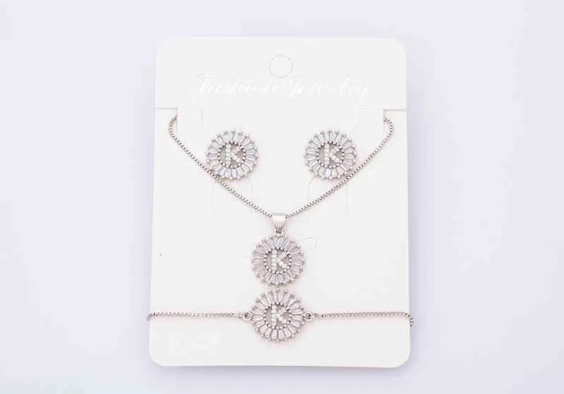 Charm Initial Necklace + Stud Earrings Bracelet Sets Jewelry Copper Zircon White Color A-z 26 Letters Alphabet_voghion.com