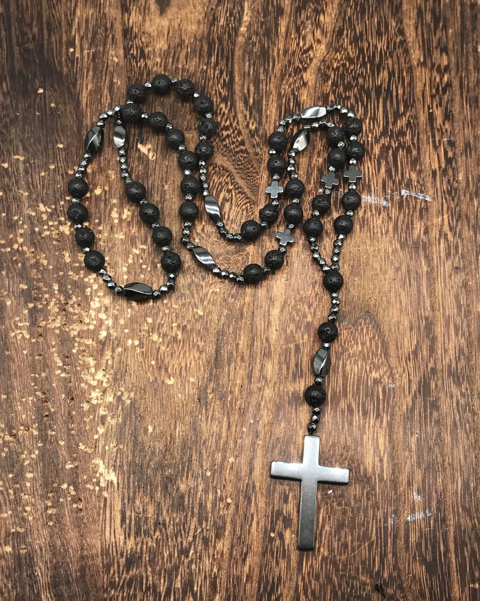 Colliers pendentifs en hématite pour hommes, croix, chapelet, collier de perles, crucifix, pour lui, père, bijoux religieux_voghion.com
