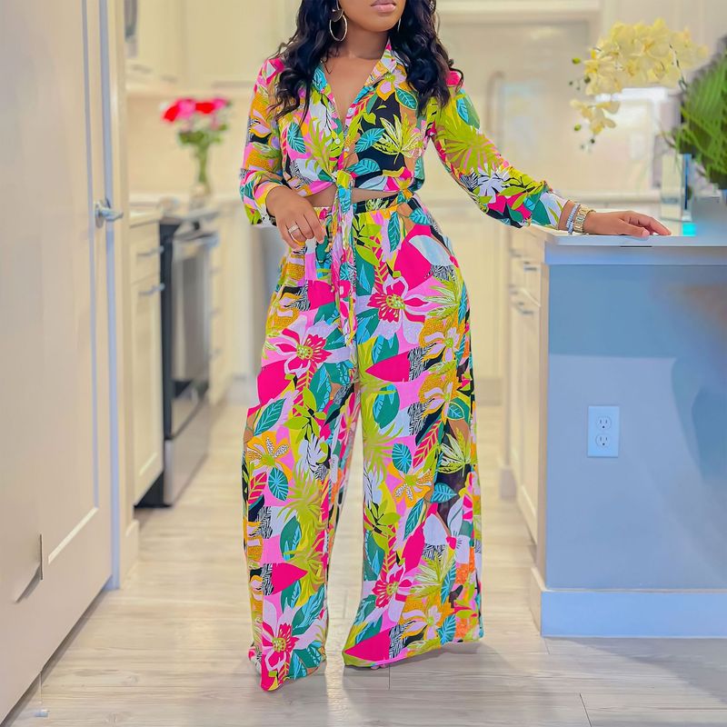 Women's Fashion Print Two-piece Lapel Tie Shirt Wide Leg Pants Suit_voghion.com