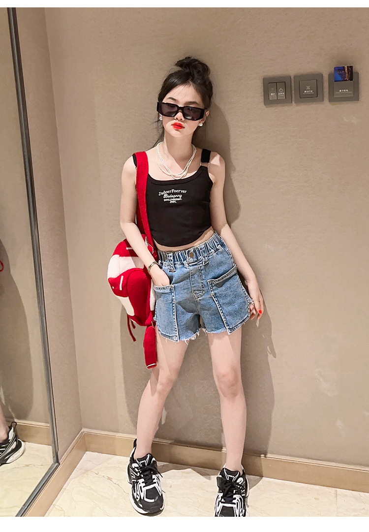 Mutter & Kinder Mädchen sommer chic neckholder-hipster kinder sommer lässig brief denim shorts Spice Girls zwei-stück set_voghion.com