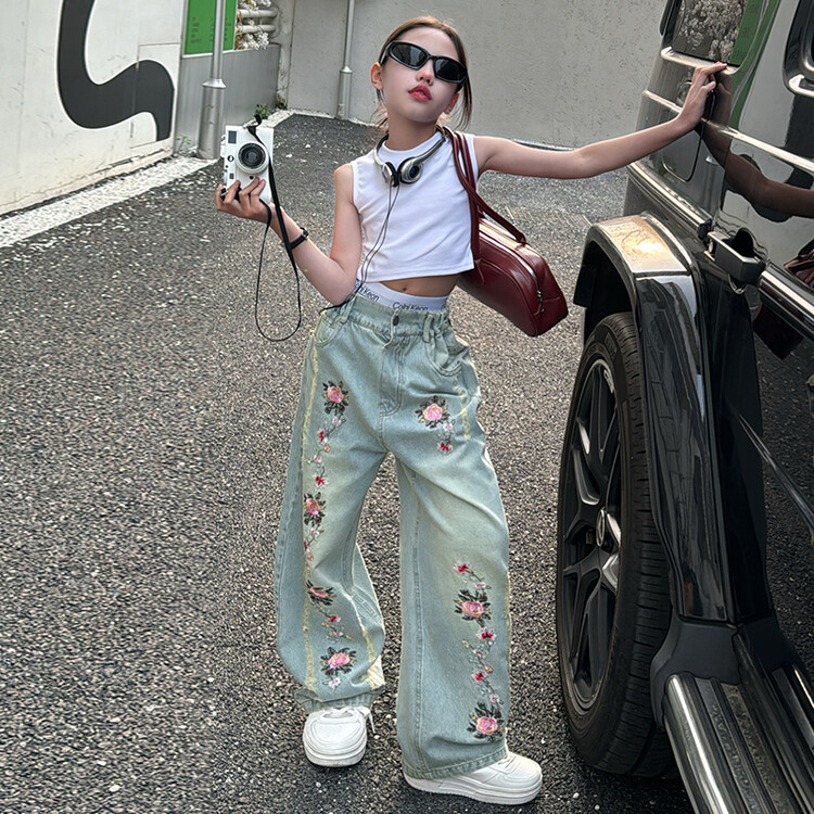 Blugi brodați pentru mame și copii, fete, pantaloni largi casual pentru copii mari, pantaloni drepți pentru fete_voghion.com