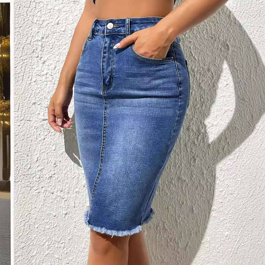 hüftbedeckender Rock Jeansrock mit ausgefransten Kanten verwaschener schmaler Rock_voghion.com