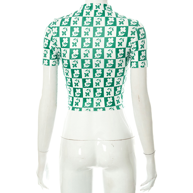 D21TP4722024 Summer New Contrast Printed Round Neck Pullover Short Sleeve Open Navel Casual Women's Top_voghion.com