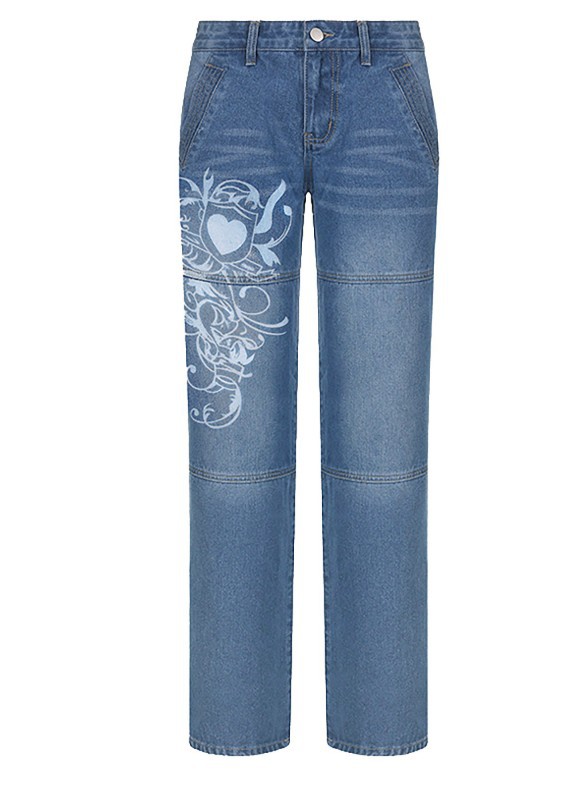 women's irregular printed loose trousers low-rise pleated washed distressed multi-color jeans_voghion.com