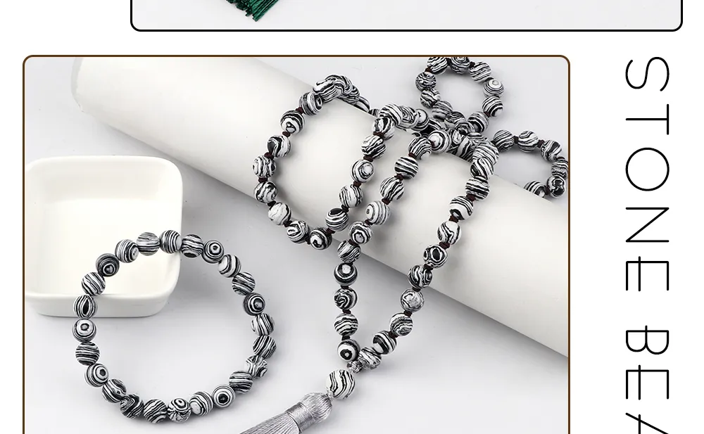 Anhänger Halsketten Mode Malachit Perlen Halskette 8mm Stein Handgefertigte geknotete Quaste Schmuckset Charm Männer Armband_voghion.com