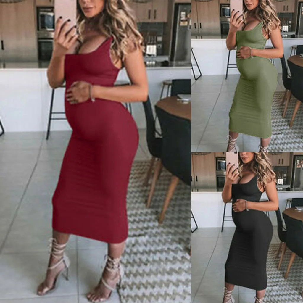Robes de grossesse pour femmes, vêtements pour femmes enceintes, couleur unie, sans manches, décontractées, douces, robe de maternité, LJ201125_voghion.com