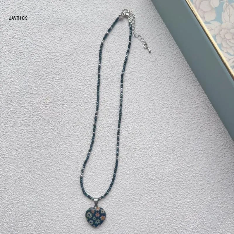 Beaded Heart Pendant Necklace Adjustable Colourful Choker Chain_voghion.com