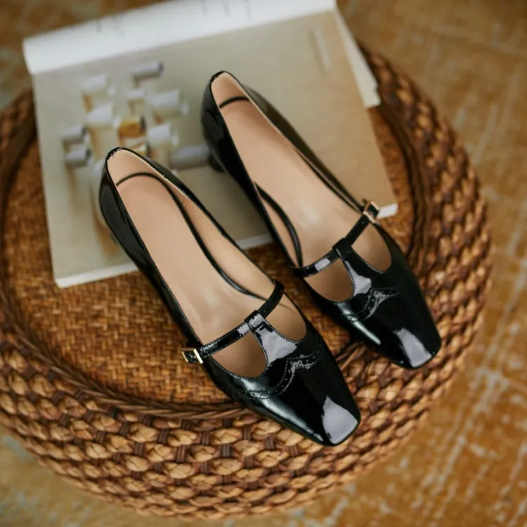 Shoes Spring/Autumn Patent Leather Solid Color T-shaped Buckle Pumps Square Toe Chunky Heel Versatile Mary Jane For_voghion.com