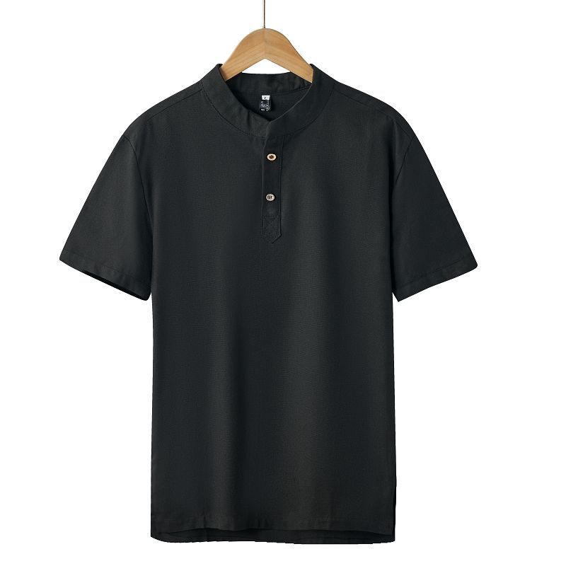 Men's Clothing  shirt solid color men's foreign trade men's summer men's cotton and linen casual shirt half placket stand collar new_voghion.com