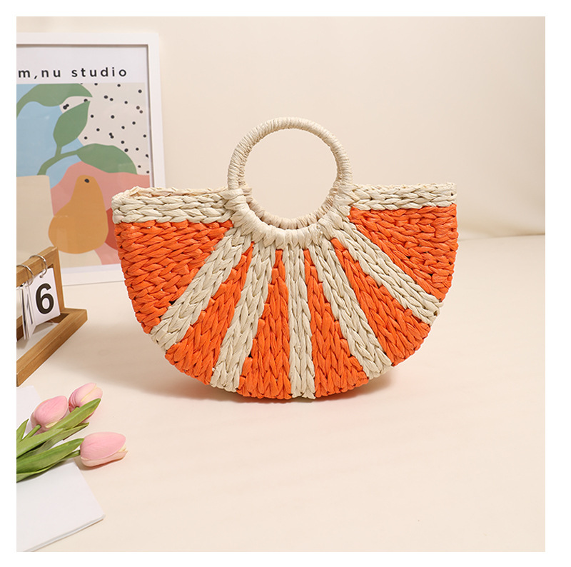 Forest einfache handgehaltene halbrunde Freizeit-Handarbeit aus Stroh gewebt im Urlaubsstil, vielseitige Strandtasche für Damen_voghion.com