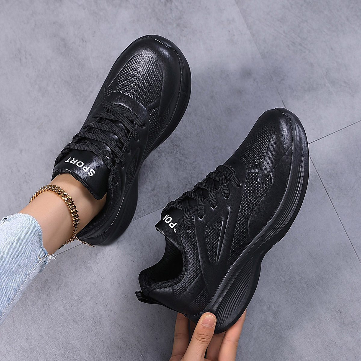 Chaussures pour femmes Baskets en cuir Chaussures de fitness décontractées entièrement noires Chaussures de travail légères Chaussures de course Chaussures de vague imperméables et résistantes à la saleté pour femmes