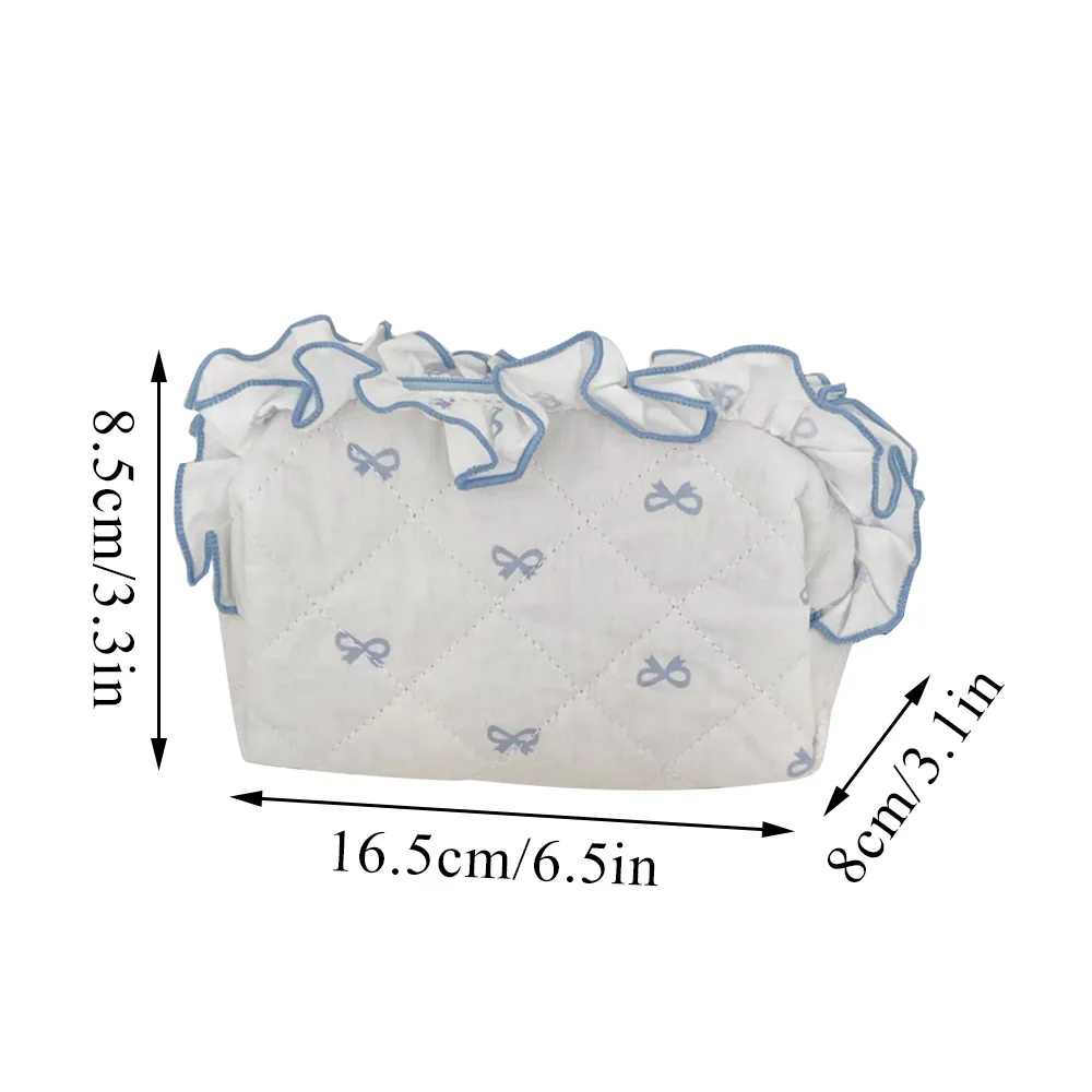 Korea Bow Print Damen Make-up Große Kapazität Tragbare Kosmetiktasche für Reisetoilettenartikel Gekräuselte Kante Kosmetikaufbewahrung_voghion.com