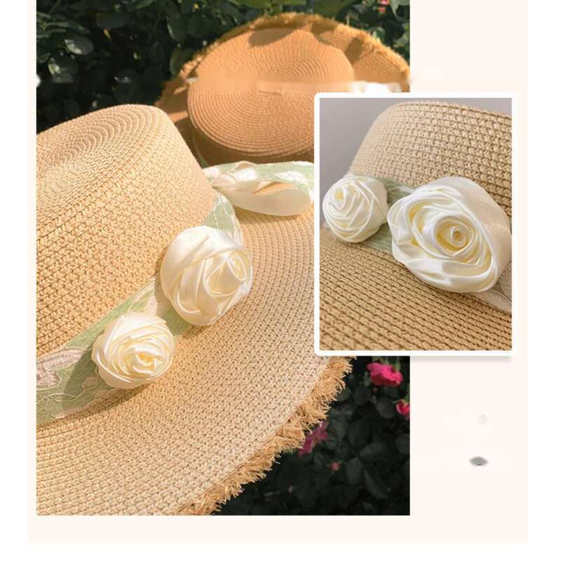 Cappello da spiaggia estivo da donna con tesa larga e fiore in paglia con fiocco e parte superiore piatta Lafite_voghion.com