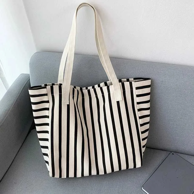 New Beach Handbag Fi Wen Canvas Summer Large Capacity Strip Shopping Bag Y241109_voghion.com
