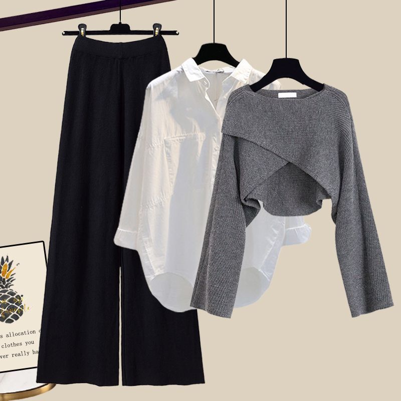 Vêtements pour femmes Costumes d'automne pour femmes Nouveaux pulls tricotés pour femmes de grande taille Chemises slim à la mode pour femmes Pantalons à jambes larges Costumes trois pièces