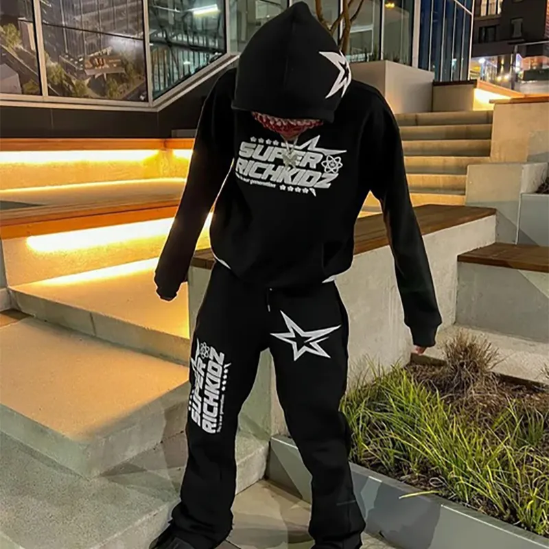 Y2K Trendy Sport Star Letter Print High Street Hip Hop Sport Ocazional pentru bărbați Pantaloni de sport evazați Set două piese_voghion.com