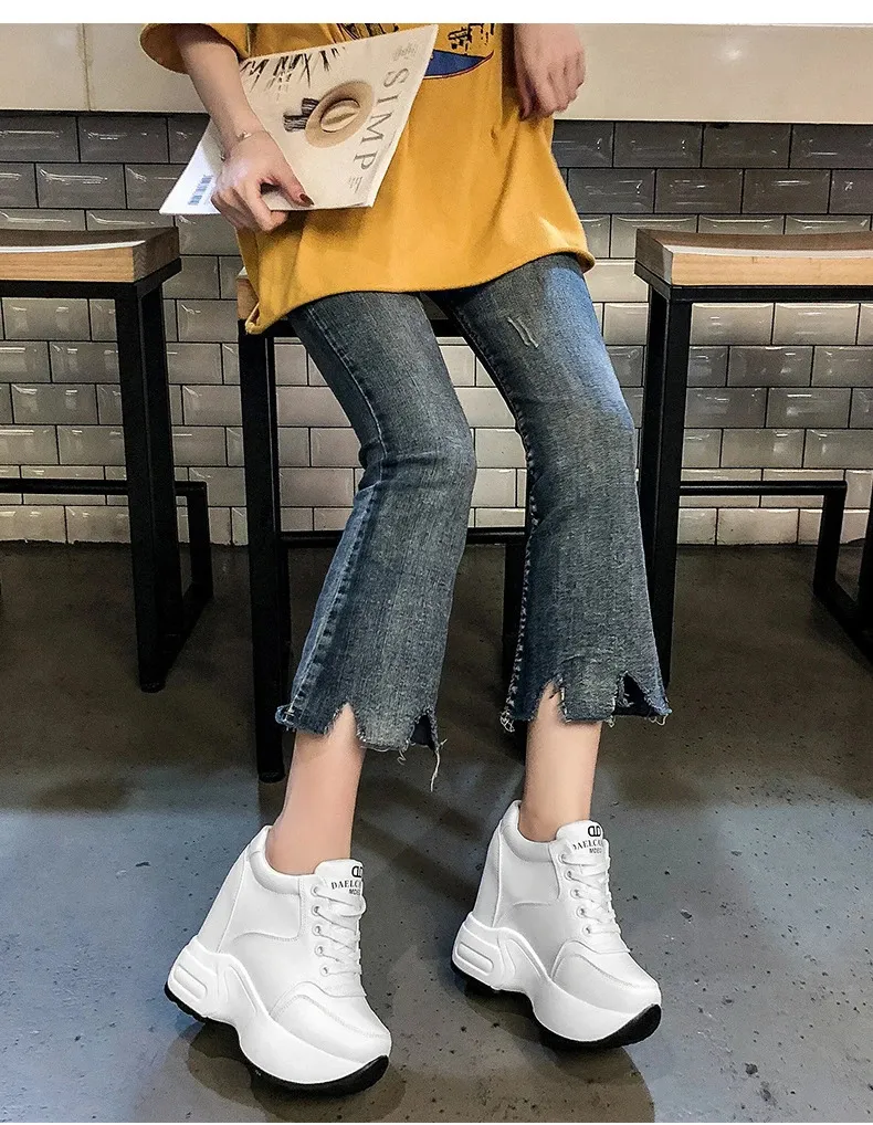 Women's Platform Sneakers Leather Chunky Trainers White Wedges_voghion.com