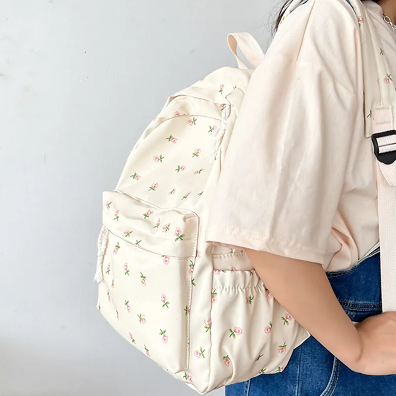 Korean Version Nylon Floral Flower Fashion Junior High School Backpack Travel Bag_voghion.com