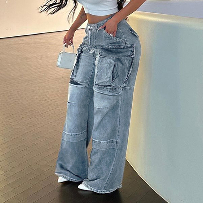 street fashion symmetrical pocket split loose washed denim casual pants manufacturers wholesale