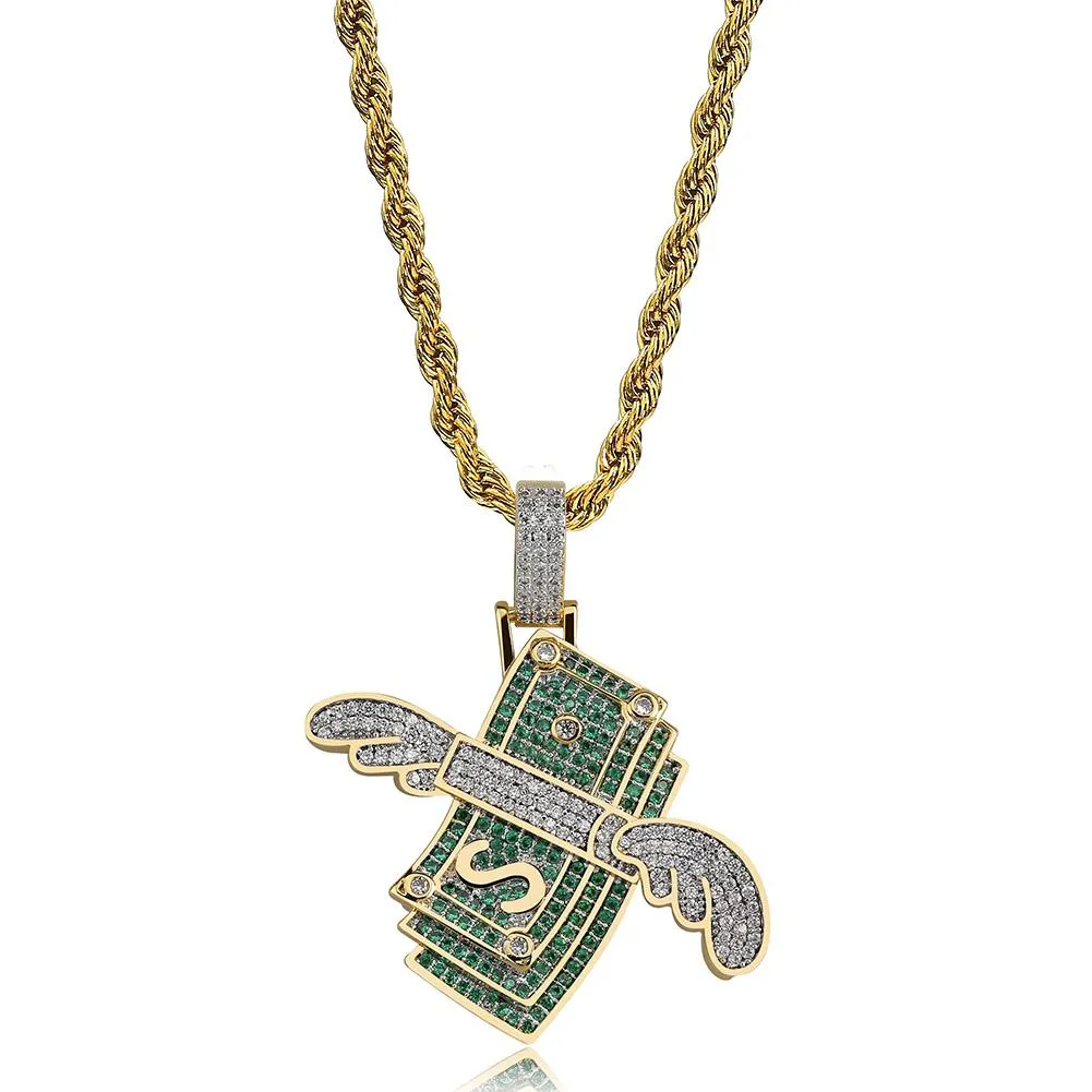 Nuova collana ghiacciata Flying Cash Solid Pendant Collane da uomo personalizzate Hip Hop Oro Argento Colore Charm Catene da donna_voghion.com