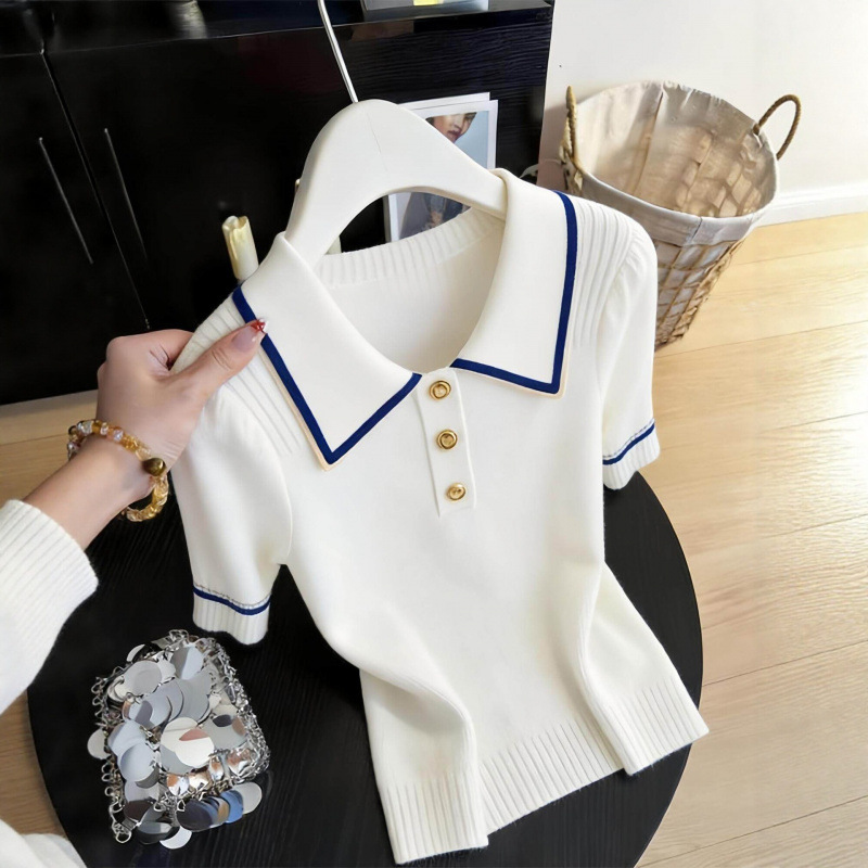 Women’s White Collared Short Sleeve T-Shirt Stylish Knitted Top Spring Summer New Fashionable Beautiful