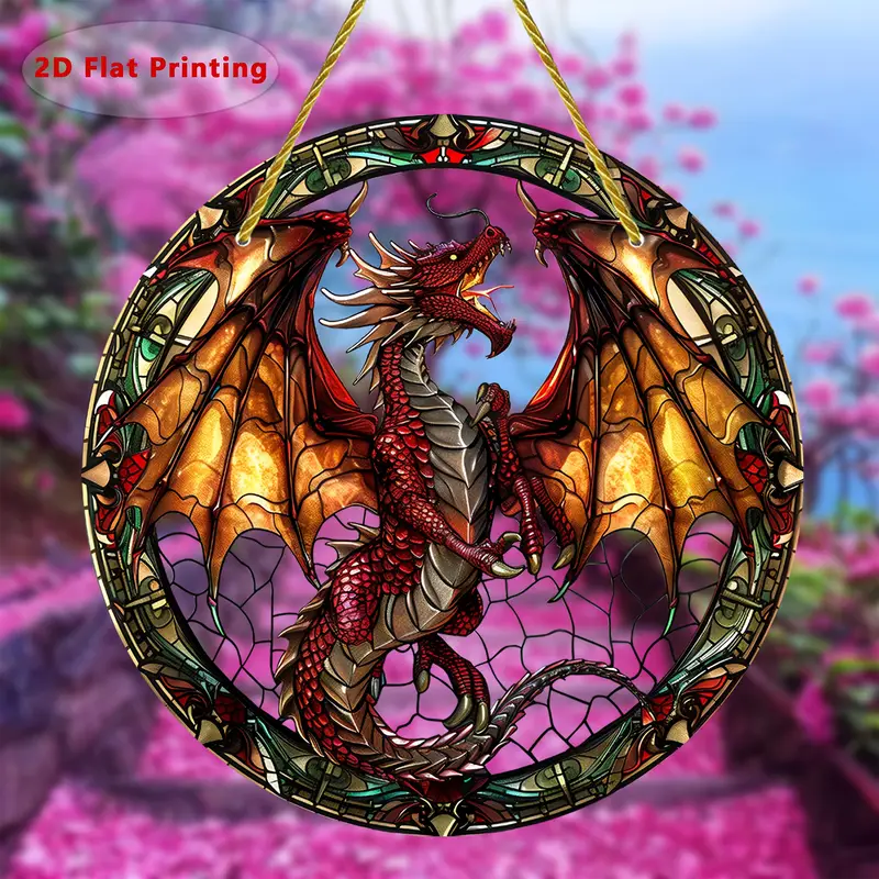 Lebendiger Drachen-Sonnenfänger – rundes Acrylbild, 20 cm. Mythisches Dekor für Garten oder Zuhause, perfekt als unvergessliches Geschenk für Fantasy-Liebhaber._voghion.com
