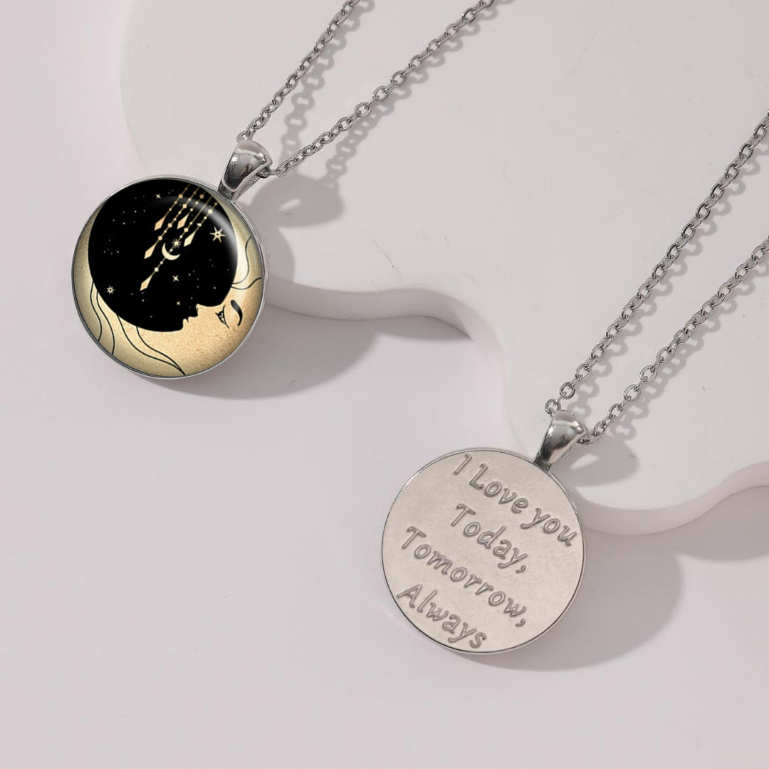 Collana con ciondolo fotografico in vetro rotondo in argento con stella luna moda, accessori per gioielli di moda regalo_voghion.com