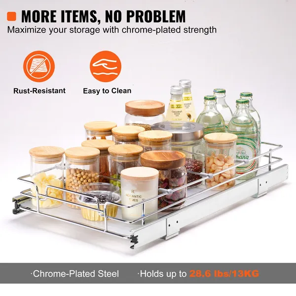 VEVOR 11'W X 21'D Pull Out Cabinet Organizer, Heavy Duty Slide Out Pantry Shelves, Chrome-Plated Steel Roll Out Drawers, Sliding Drawer Storage For_voghion.com