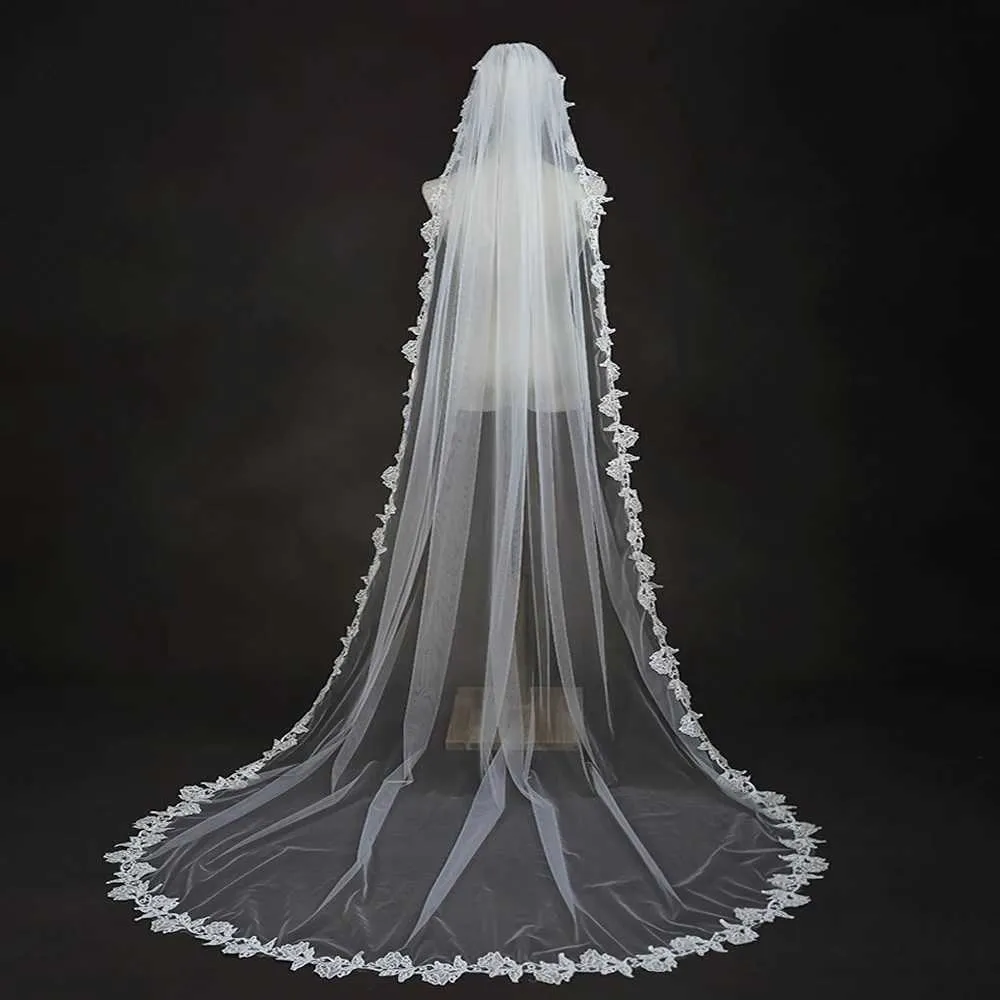 Gioielli per capelli, veli da sposa lunghi con pettine, velo a 1 strato, bordo smerlato, rifiniture in pizzo, lunghezza cattedrale, accessori da sposa per_voghion.com