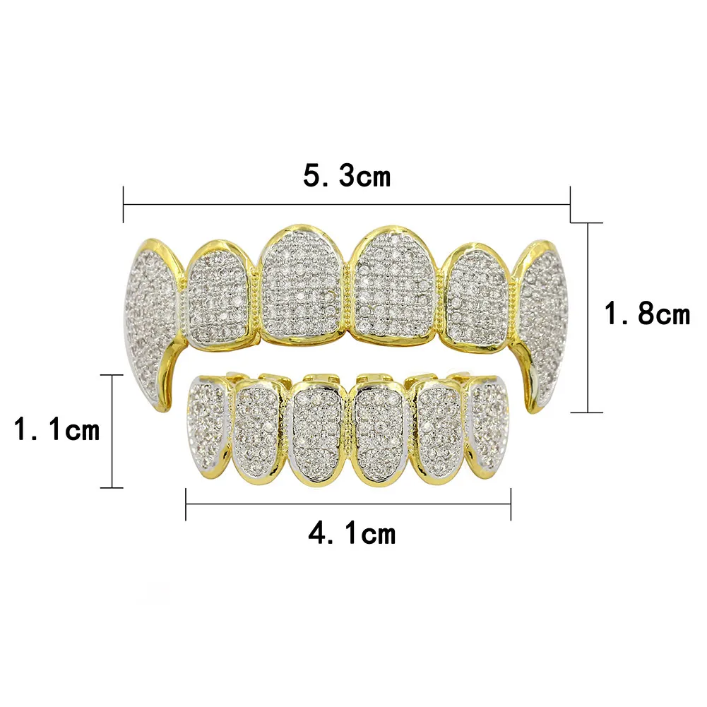 Echtes Gold Zähne Fang Grillz Punk Hip Hop Cubic Zirkon Iced Out Vampire Dental Mund Grills Zahnspangen Zahnkappe Rapper_voghion.com