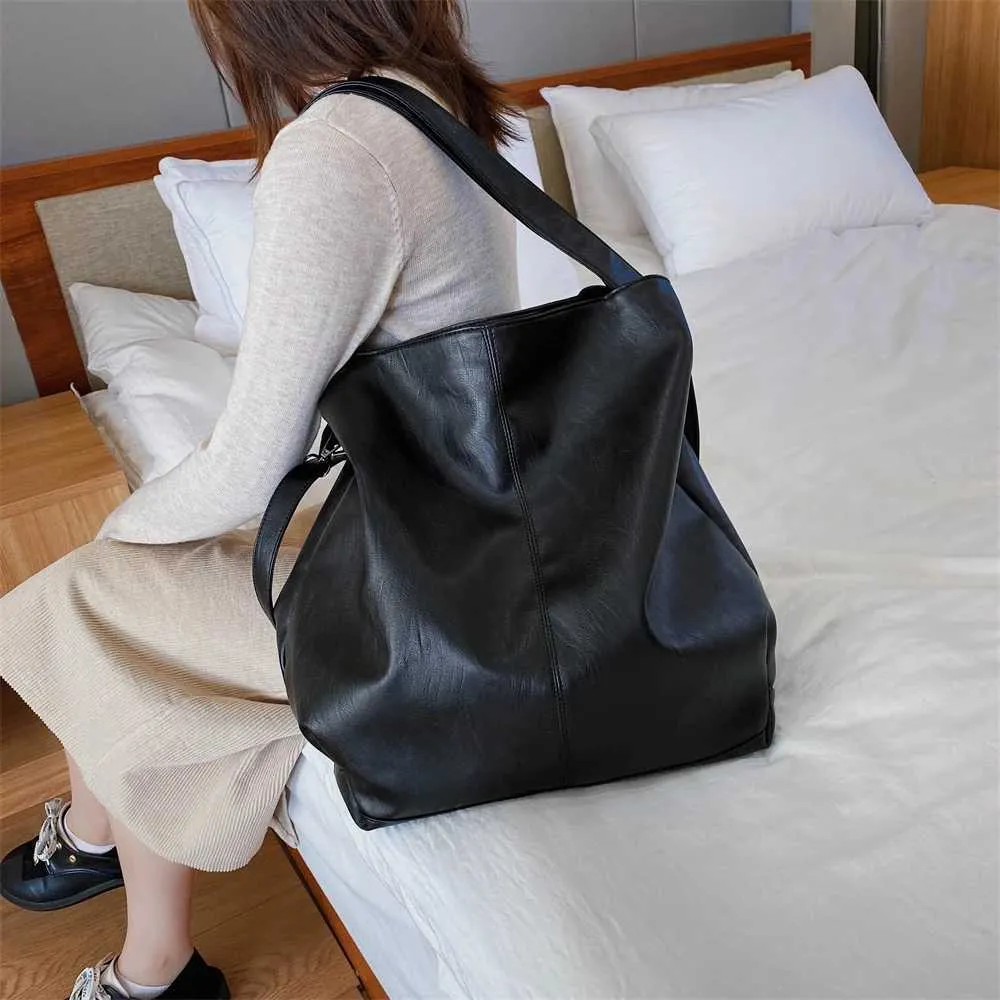 Moods Oversized Black Shoulder Bags per donna in morbida pelle, grande capacità, shopper tote, doppia tracolla, grande borsa a tracolla_voghion.com