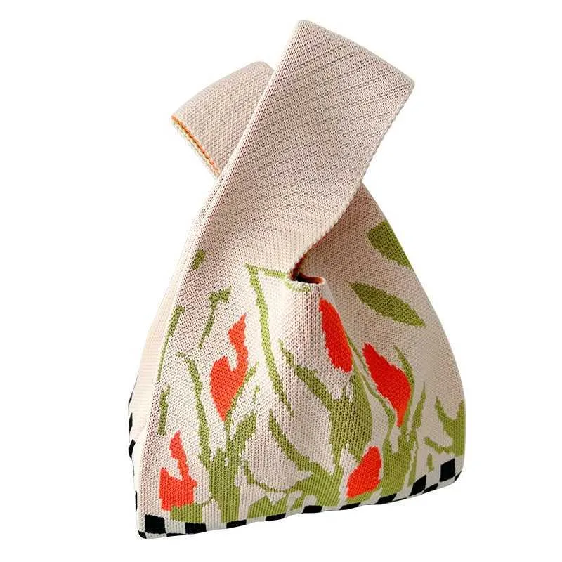 Ins Tip Knitted Knot Wrist Korean Mini Text Grid Handbag Large Capacity lipstick Key Storage Bag Y241106_voghion.com