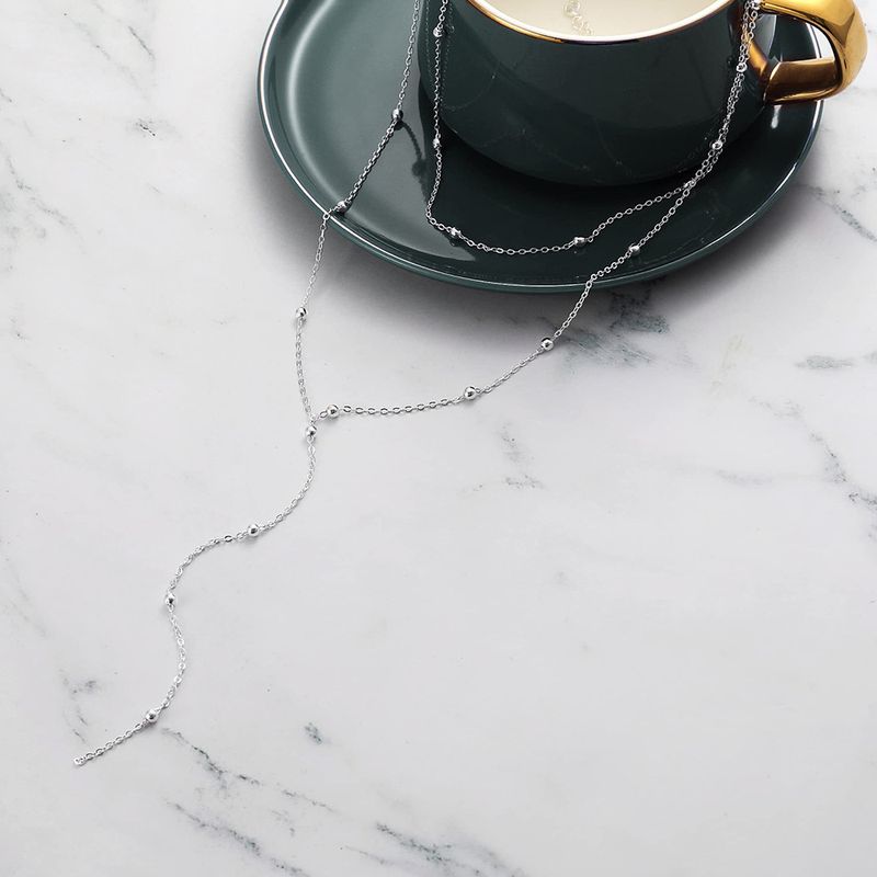 Collier empilable multicouche en forme de Y en acier inoxydable avec perles rondes et pampilles doubles_voghion.com