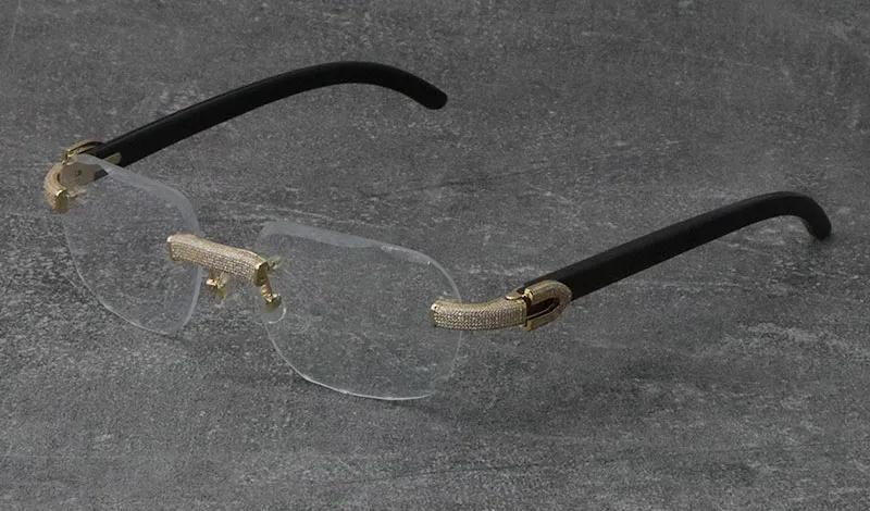 2022 Nuovo Nero Mix Bianco Montature in Corno di Bufalo Occhiali da Sole in Legno Senza Montatura con Diamanti incastonati Occhiali da Uomo Donna con Decorazione C Rocce_voghion.com