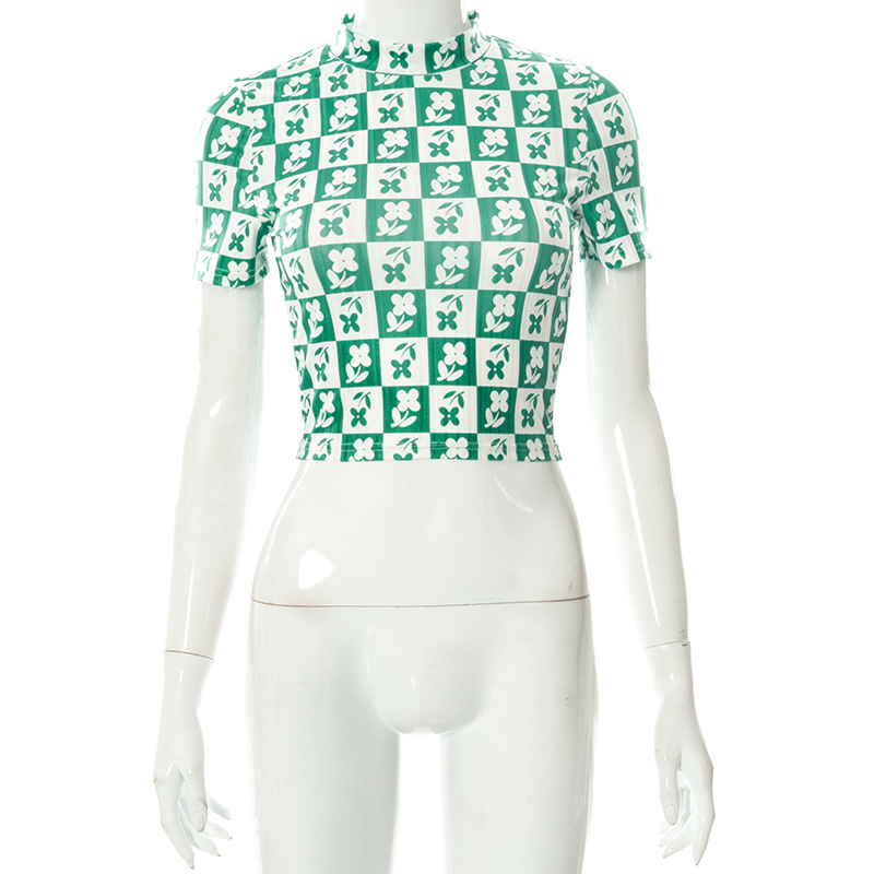 D21TP4722024 Summer New Contrast Printed Round Neck Pullover Short Sleeve Open Navel Casual Women's Top_voghion.com