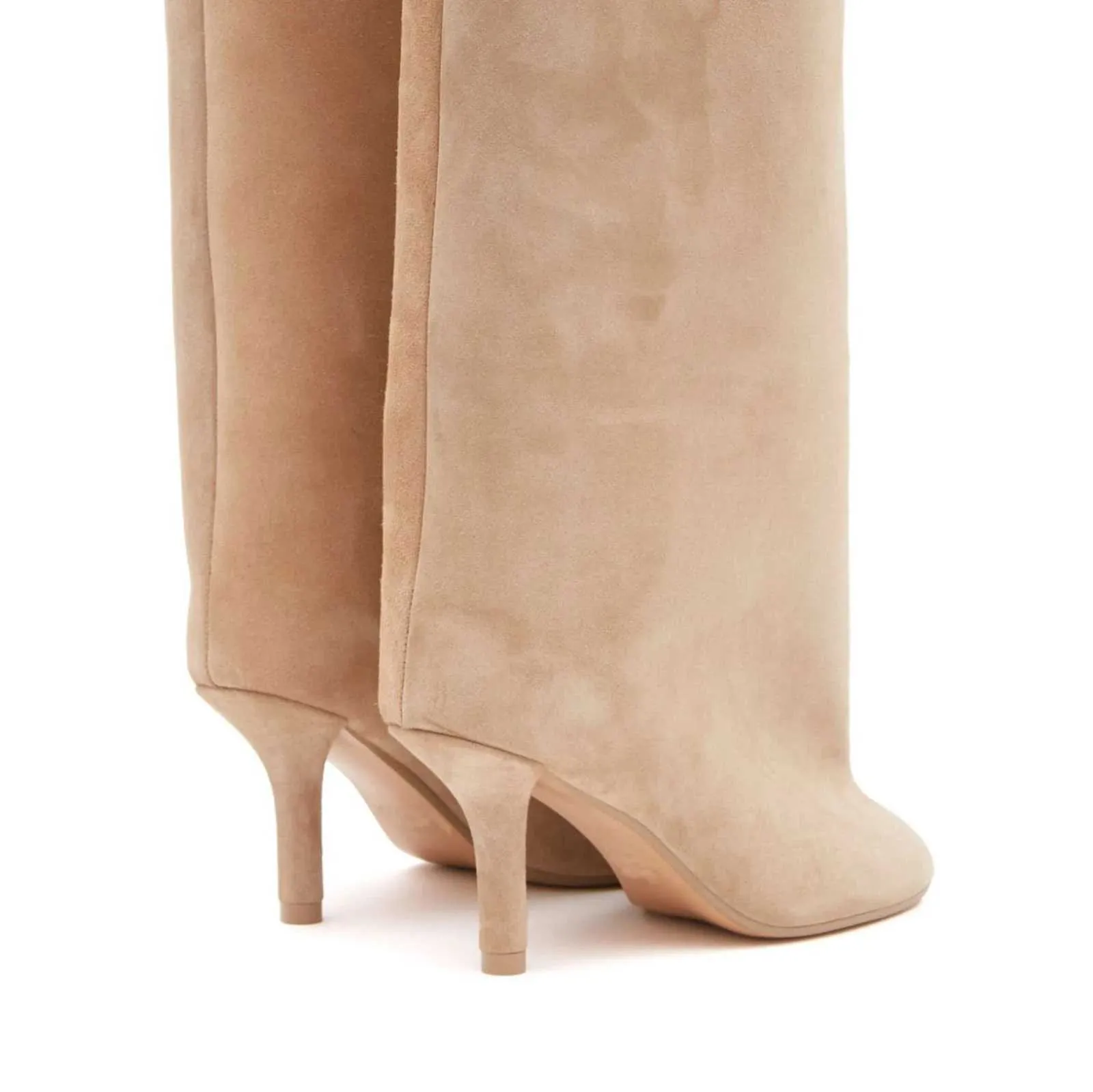 Womens Nude Suede Knee High Square Toe Wide Calnd Foot Pull On Stiletto Heels Fashion Dress Tall Riding Boots Ladies_voghion.com