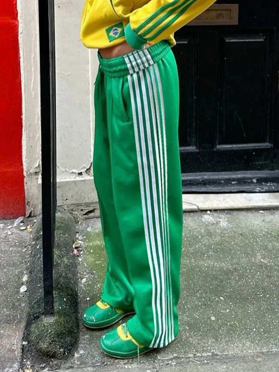 Women Y2k Wide Leg Track Pants Baggy Side Striped Joggers Sweatpants Elastic Waist Color Block Parachute With Pockets_voghion.com