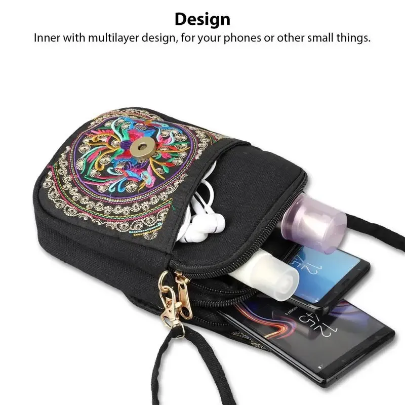 Pochette de voyage à bandoulière pour femme, sac à bandoulière vintage à fleurs avec fermeture éclair et broderie pour téléphone portable, petit sac à main_voghion.com