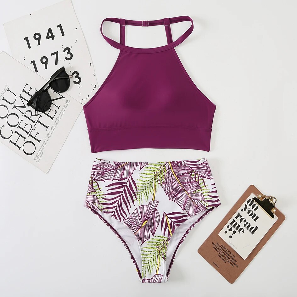 Maillot de bain deux pièces pour femme, bikini sexy, col haut, taille haute, ensemble deux pièces, vêtements de plage pour la plage, 2024_voghion.com