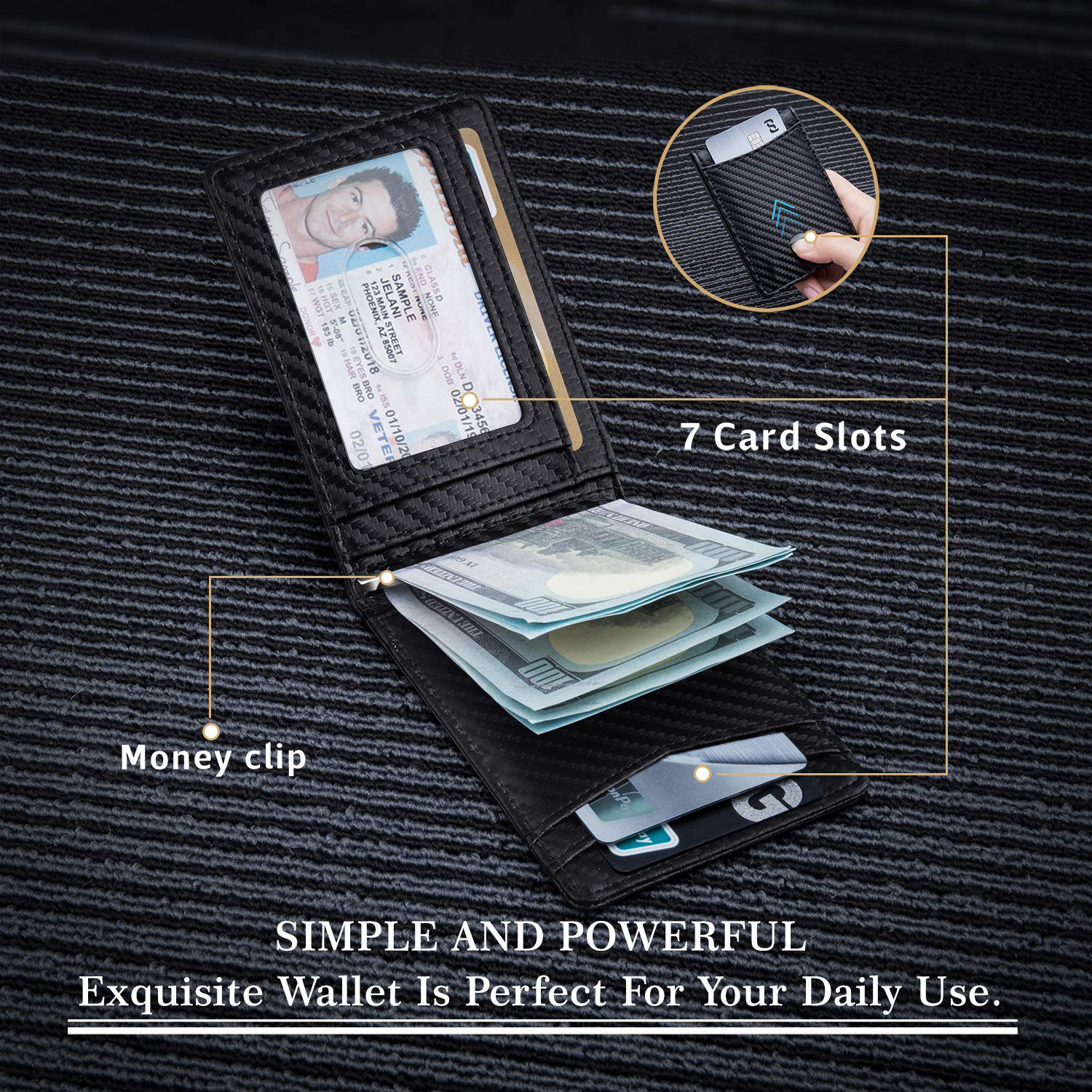 Herrentaschen RFID-Kartenhalter aus Kohlefaser, Mikrofaser, echtes Leder, mehrere Kartenfächer, Dollarclip, Münzgeldbörse, Herren-Kreditkartenhalter_voghion.com
