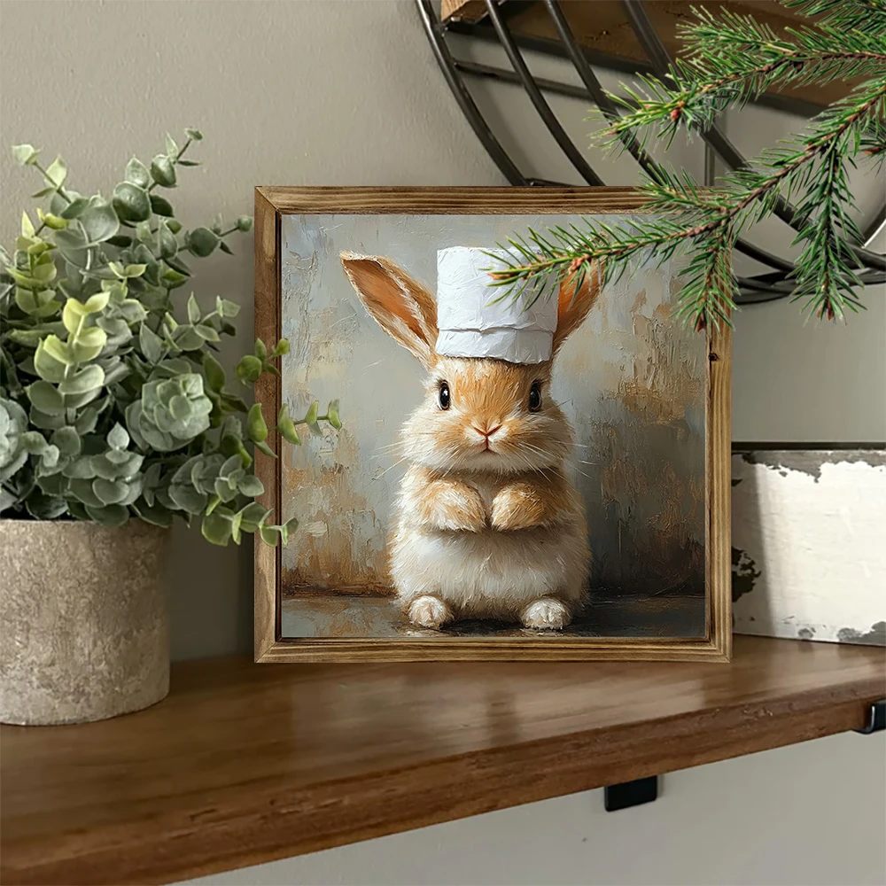 Leikkisä pupu-kokki -puinen kyltti - 8x8" maalaismainen seinätaide. Oikukas sisustuselementti kylpyhuoneisiin, kahviloihin tai pupujen ystävien koteihin._voghion.com
