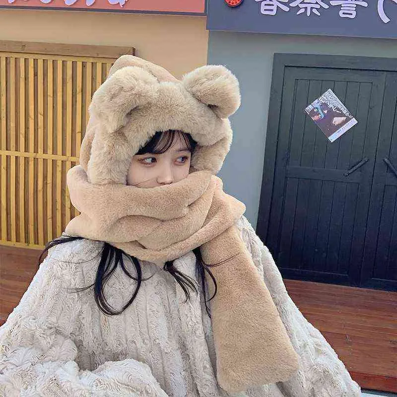 Hats Sets Scarves Winter Fur Cap Snow Hat Christmas Gift Cute Girl Versatile Scarf Integrated Warm Gloves Bib Three_voghion.com