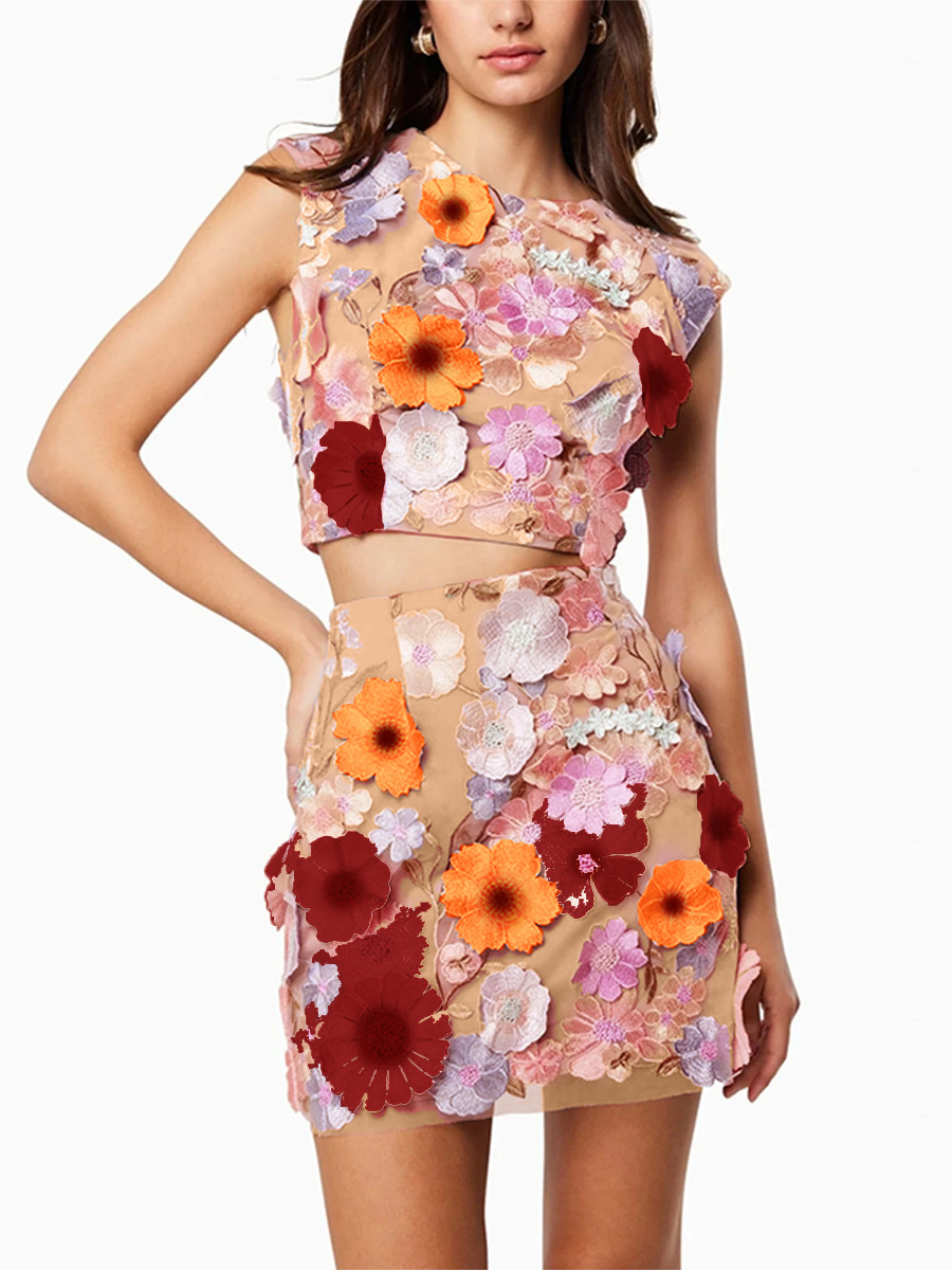 Vestito da donna primavera 2025, top corto senza maniche, gonna aderente, set due pezzi, ricamo di alta qualità all'uncinetto_voghion.com