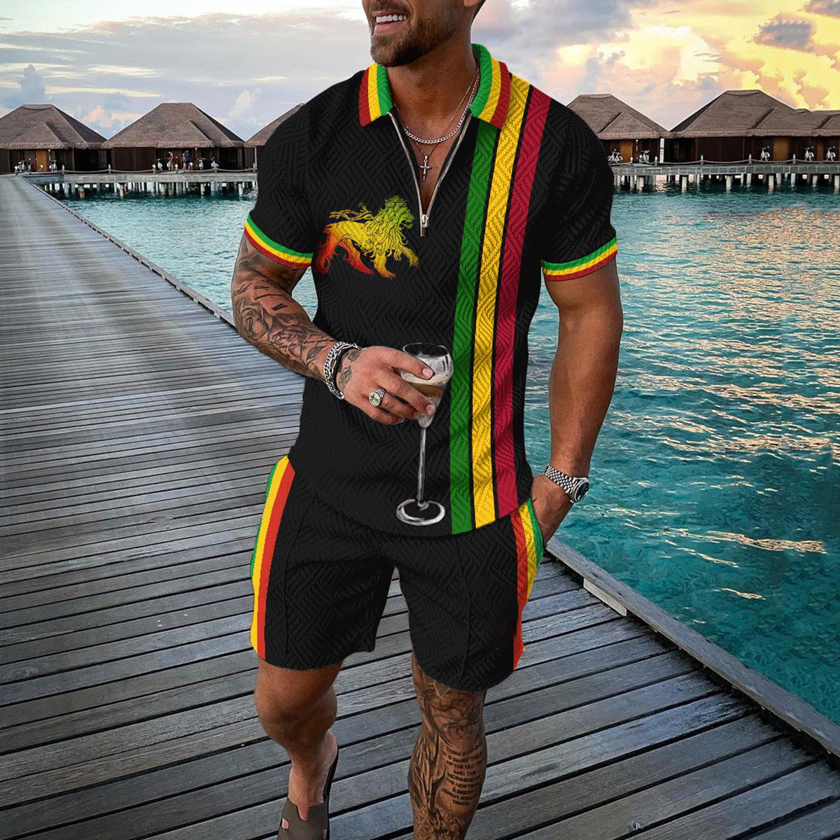 Men's Clothing 3D Printed Polo Shirt Summer High Quality Sportswear Men's Short Sleeve Zipper Shorts Suit Chinese Style Elements_voghion.com