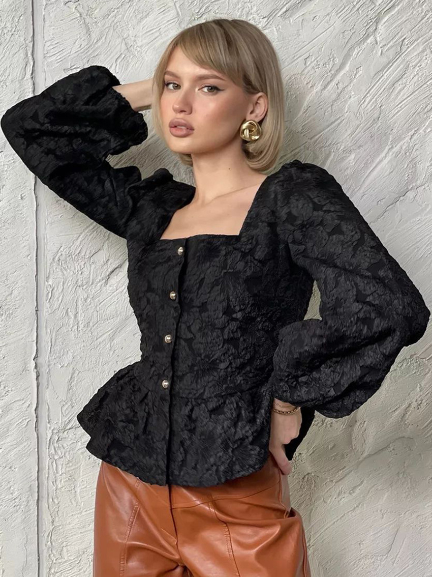 Top a maniche lunghe da donna con maniche a sbuffo jacquard, design versatile, collo quadrato, nicchia_voghion.com