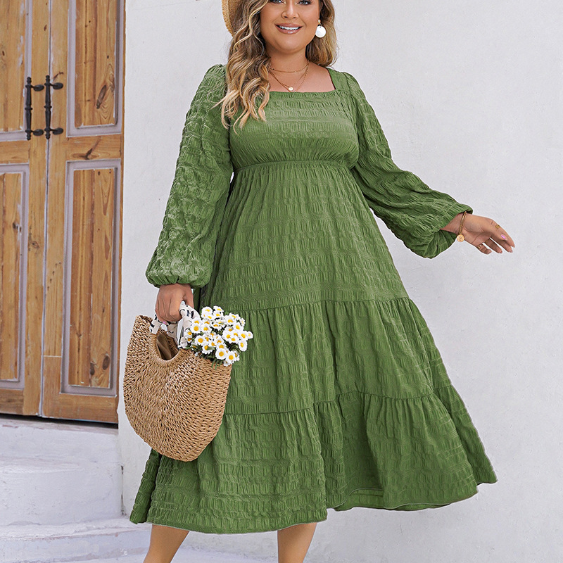Women's loose fat sister dress new style solid color loose square neck slim long sleeve dress female_voghion.com