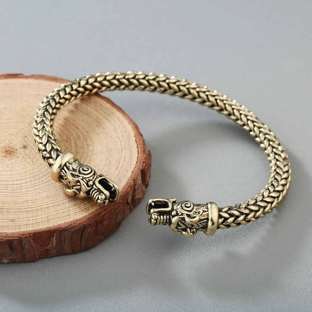 Viking Dragon Bracelet For Men Open Cuff Silver And Bronze Tone_voghion.com