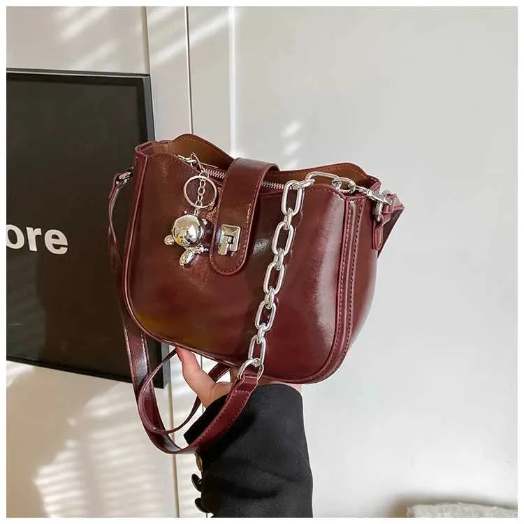Borsa a secchiello Bury da donna, solida, alla moda, in pelle PU, con tracolla, versatile, per il tempo libero, con catena, semicerchio_voghion.com