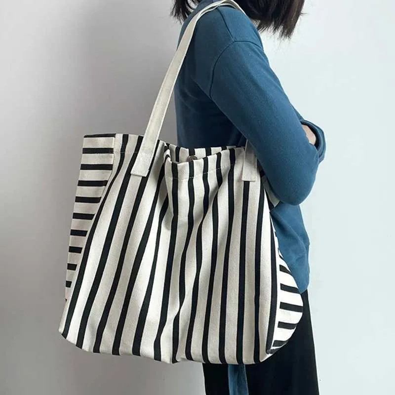 New Beach Handbag Fi Wen Canvas Summer Large Capacity Strip Shopping Bag Y241109_voghion.com