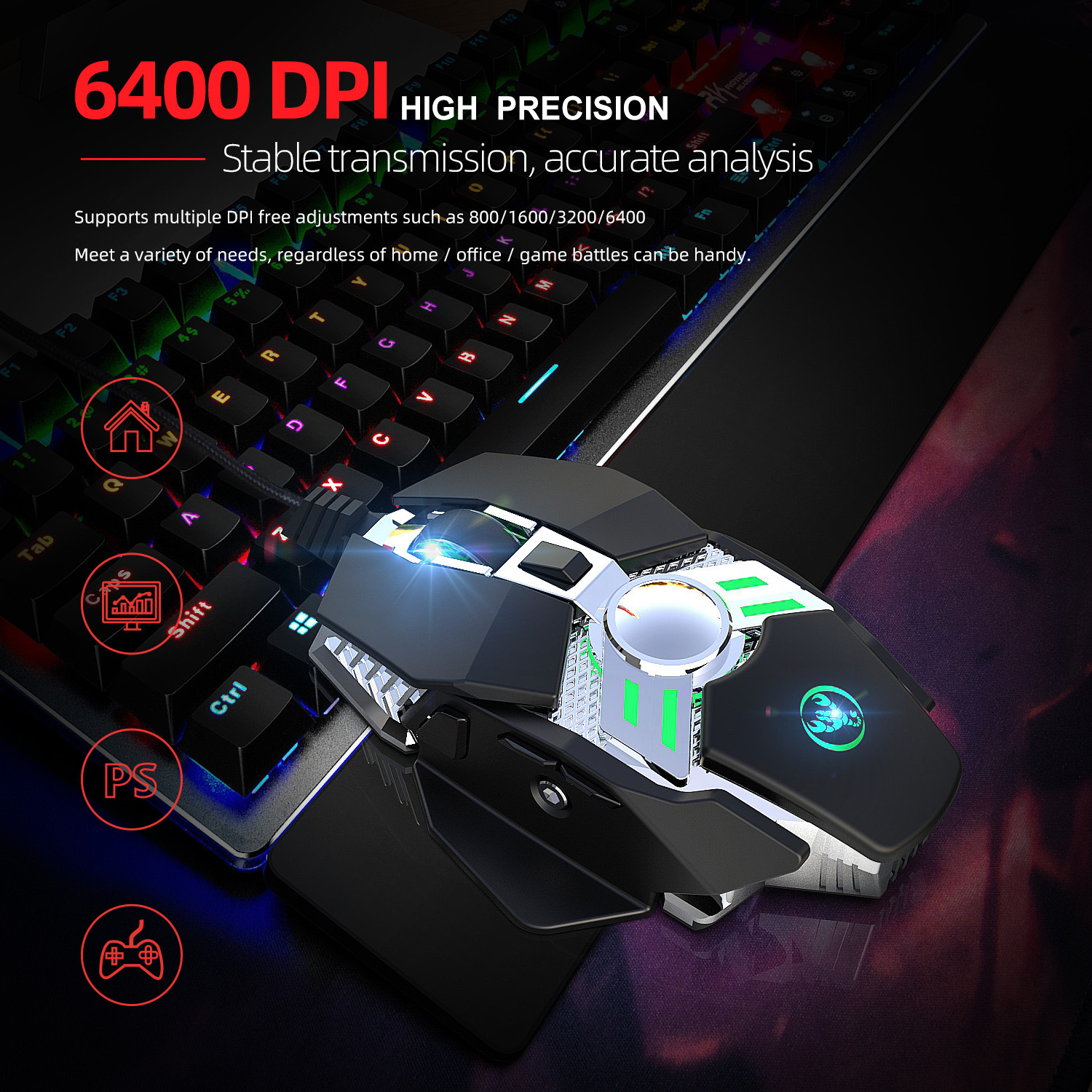 Mechanisches Hühnerfressspiel, 7-Tasten-programmierbare kabelgebundene Maus, coole Beleuchtung, automatische Pistolendrückfunktion für Desktop-Laptop_voghion.com